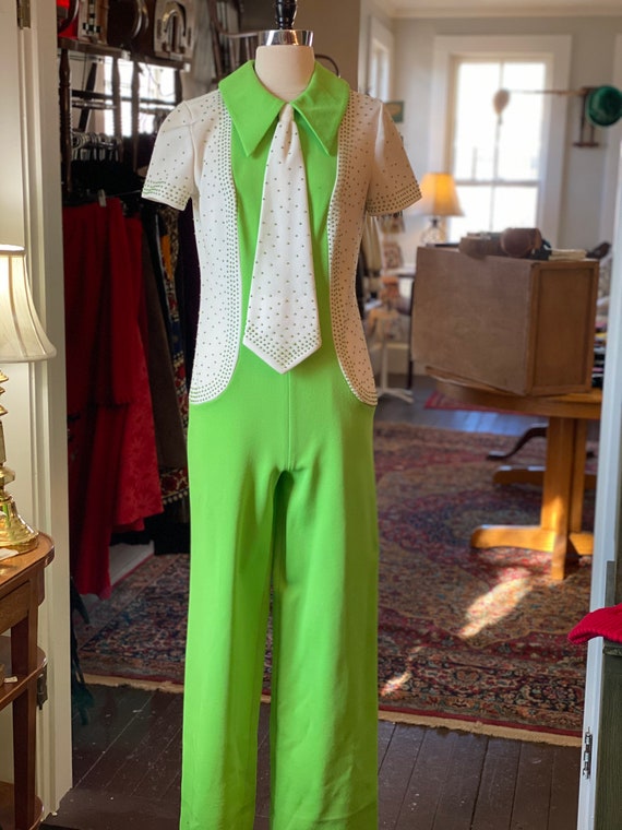 1970s lime green jumpsuit with tie
