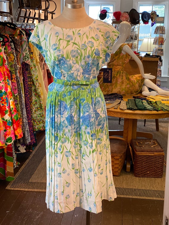 1950s Green and Blue floral dress with belt.