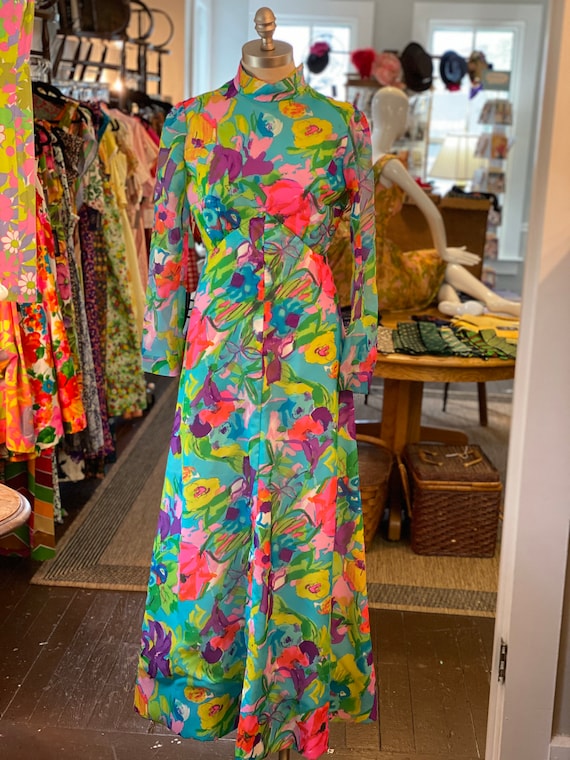 1970s neon watercolor maxi dress