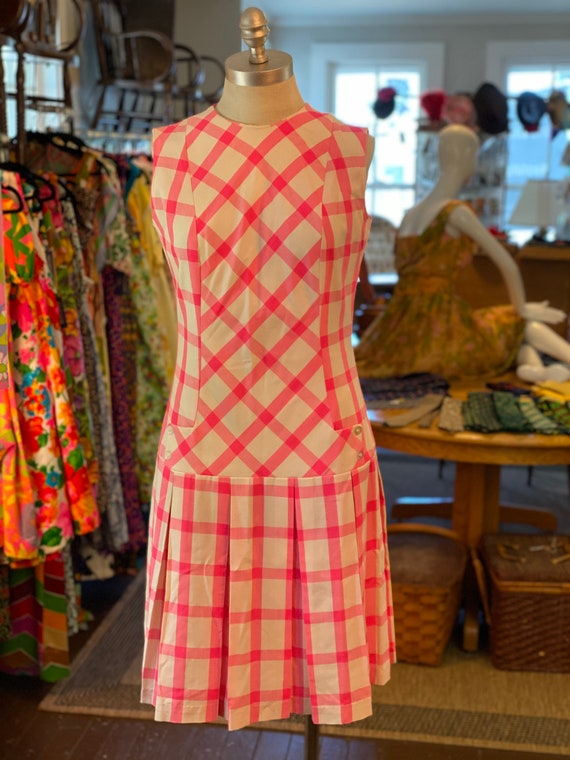 1960s neon pink drop waist dress