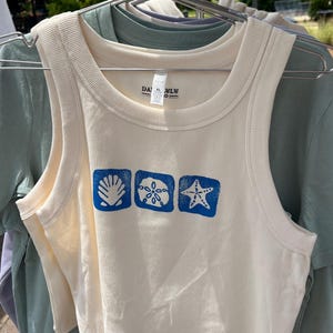 Seashell Linoblock Print Tank Top, Summer Cropped Tee, Sustainable Organic Cotton, Handmade Linocut Art