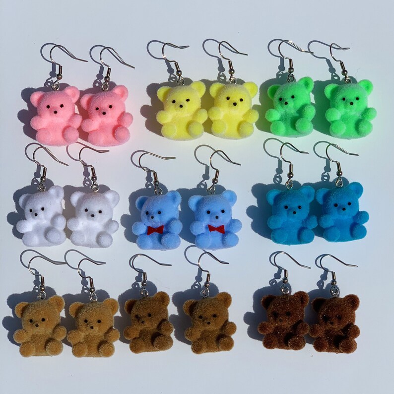 Small Fuzzy Bear Earrings Flocked Teddy Bear Brown White Pink Etsy
