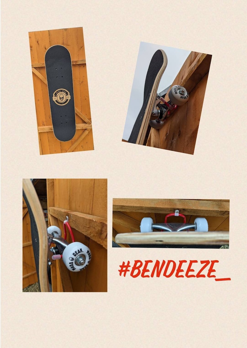 K&ouml;nnte beinhalten: Schwarzes Skateboard mit Totenkopf-Logo, montiert an einer Holzkonstruktion. Wei&szlig;e Rollen mit dem Aufdruck "BEAR". Der Hashtag #BENDEZE_ ist sichtbar.