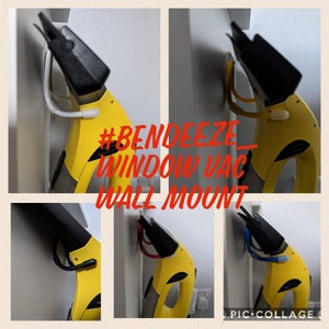 Könnte beinhalten: Ein gelber und schwarzer Fensterstaubsauger mit Wandhalterung. Der Staubsauger hängt an einer weißen Wand. Der Text #Bendeeze_Window Vac Wall Mount ist im Bild zu sehen.