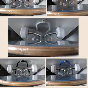 K&ouml;nnte beinhalten: Ein Skateboard-Deck mit wei&szlig;en Rollen und silbernen Achsen. Das Bild zeigt vier verschiedene Farboptionen f&uuml;r den Riser: rot, gelb, schwarz und blau. Der Text "#BENDEEZE_" befindet sich am unteren Rand des Bildes.