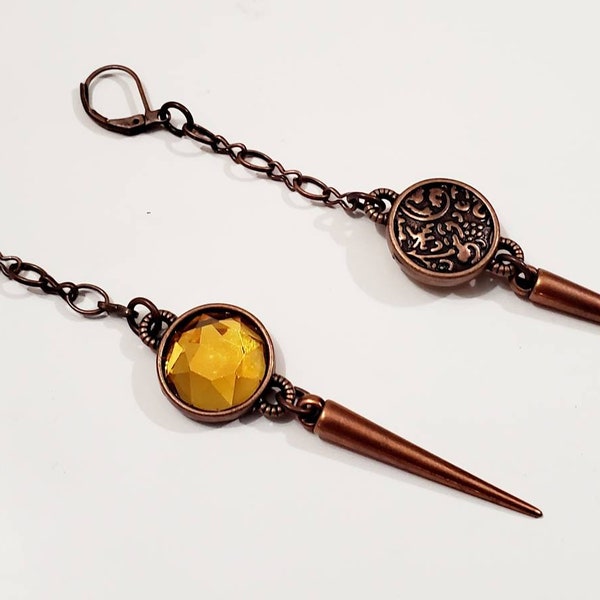 Amber pendant earrings | dangle earrings | antique copper | spike | boho | pendant earrings