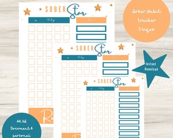 May include: Three printable sobriety tracker sheets with a gold star design. Each sheet has a grid of 50 squares for marking days and a section for notes. The text "SOBER Star" is at the top of each sheet. The text "Take the world Redefine it" is at the bottom of the sheet.