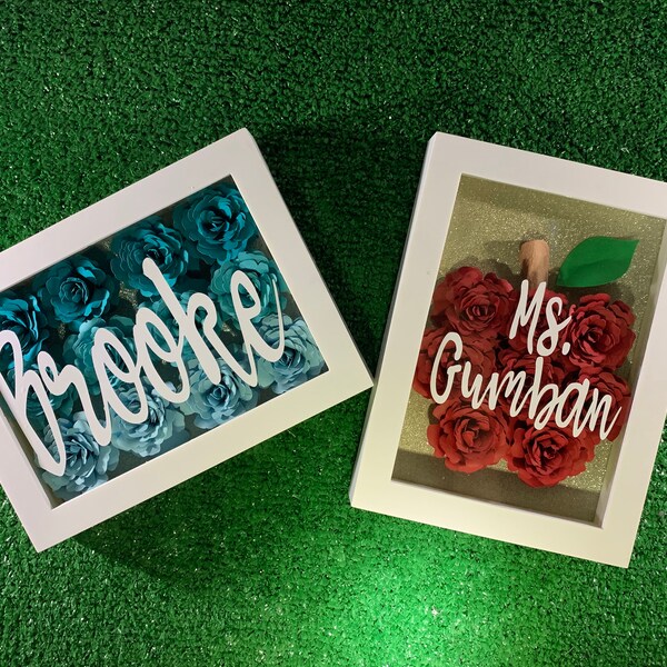 5x7 Flower Shadow Box, Custom made, Name Ombre  Flower Shadow Box, Teacher Apple Shaped Shadow Box, White Framed Box