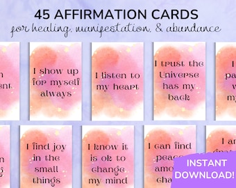 May include: 45 affirmation cards for healing, manifestation, and abundance. The cards feature watercolour backgrounds with gold stars and positive affirmations written in black text. Some of the affirmations include "I show up for myself always", "I listen to my heart", "I trust the Universe has my back", "I find joy in the small things", "I know it is ok to change my mind", and "I can find peace among chaos".