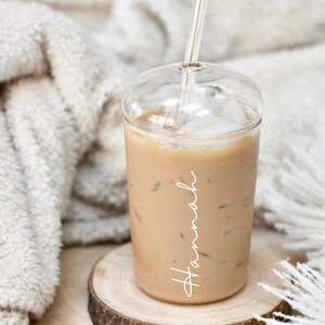 Personalised Glass Tumbler with Dome Lid and Straw, Custom Iced Coffee Cup, Drinking Glass image 1
