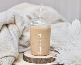 Personalised Auntie Glass Tumbler, Custom Iced Coffee Cup, Minimalist Drinkware