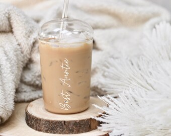 Personalized Auntie Glass Tumbler 450ml Custom Iced Coffee Cup, Eco-Friendly Reusable Drinkware, Custom Gift Idea, Gift for Aunts, Customise