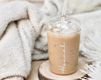 Personalised Glass Tumbler with Dome Lid and Straw, Custom Iced Coffee Cup, Drinking Glass