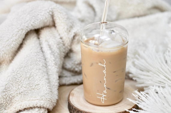 Personalised Glass Tumbler with Dome Lid and Straw, Custom Iced Coffee Cup, Drinking Glass