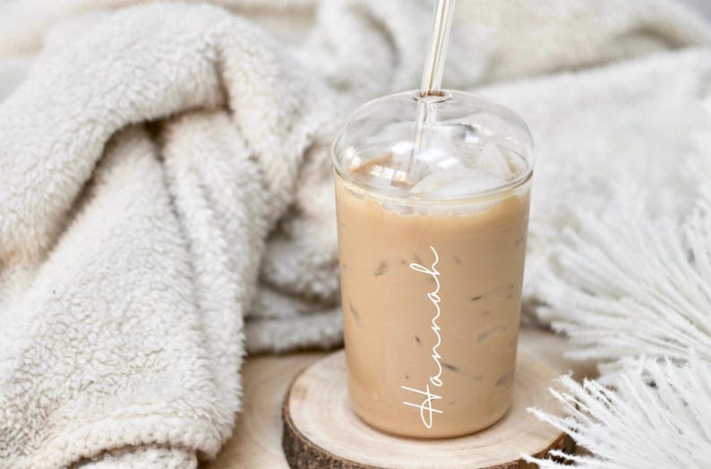 Personalised Glass Tumbler with Dome Lid and Straw, Custom Iced Coffee Cup, Drinking Glass image 1