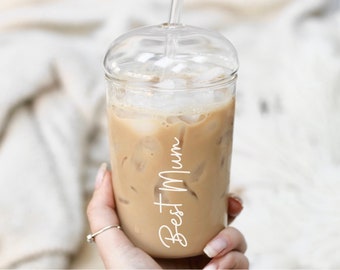 Personalised Mum Glass Tumbler, Custom Iced Coffee Cup (450ml)