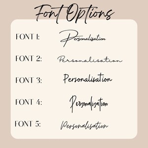 May include: A graphic displaying five font options for personalization. Each font is labeled with a number and shows the word "Personalisation" in a different style. The text "Font Options" is at the top.
