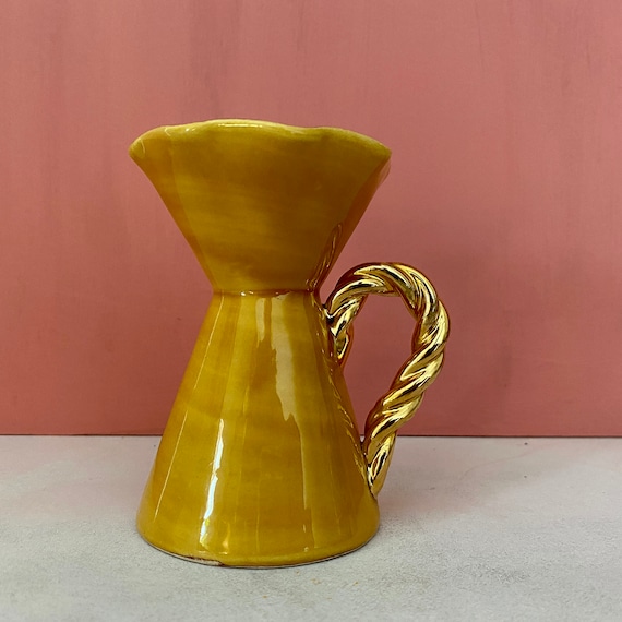 Vase Céramique Jaune Art Déco - Hauteur 26 Cm - Décoratif Floral