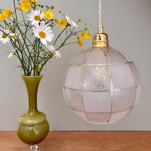 Vintage art deco globe pendant light in white, transparent and gold glass
