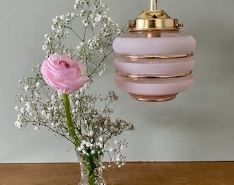 Vintage-Art-Déco-Globus-Pendelleuchte aus rosafarbenem und goldenem Granitglas