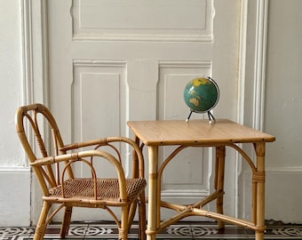 Vintage rattan desk and chair set for children