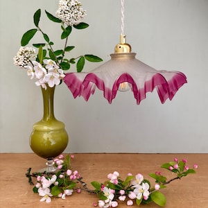 Vintage lace lampshade pendant light in pink frosted glass