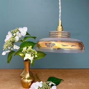 Vintage frosted glass pendant lampshade with gold frieze