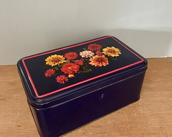 Boîte vintage en métal au décor de dahlias