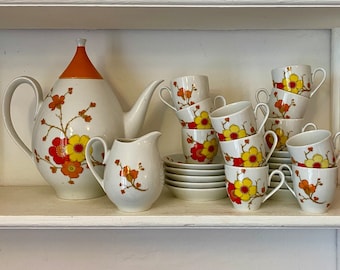 Service à café vintage en porcelaine Allemande Scherzer - Bavaria aux motifs de fleurs oranges