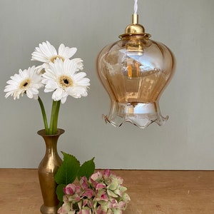 Vintage tulip pendant light in slightly pearly amber glass