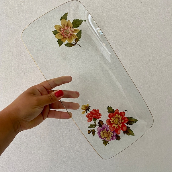 Plat a cake vintage en verre dessins de fleurs