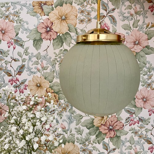 Vintage art deco globe pendant lamp in green and gold shops frosted glass