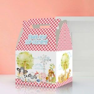 May include: Red and white checkered favor box with a handle. The box features a farm scene with animals, a windmill, and trees. The text "Thank you for coming!" is printed on the front of the box.
