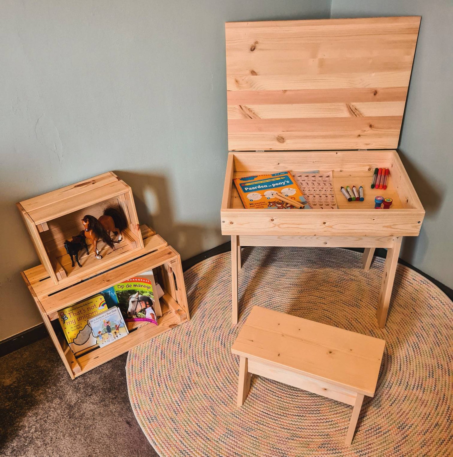Children's crafting table and bench. Wooden table with | Etsy