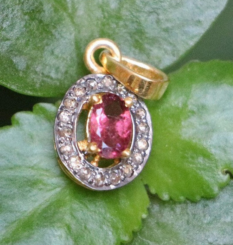 Christmas Special pendant Pink Tourmaline With Diamond Stunning PendantSterling Silver 925 Gold PlatedBeautiful Victorian Gift Pendant,