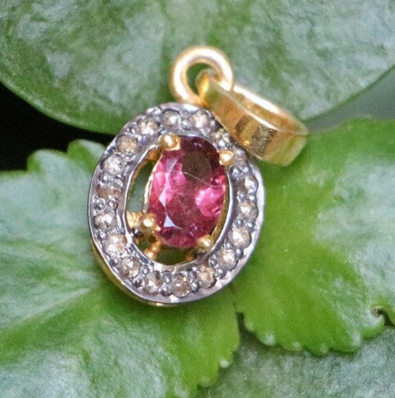 Christmas Special pendant Pink Tourmaline With Diamond Stunning PendantSterling Silver 925 Gold PlatedBeautiful Victorian Gift Pendant,