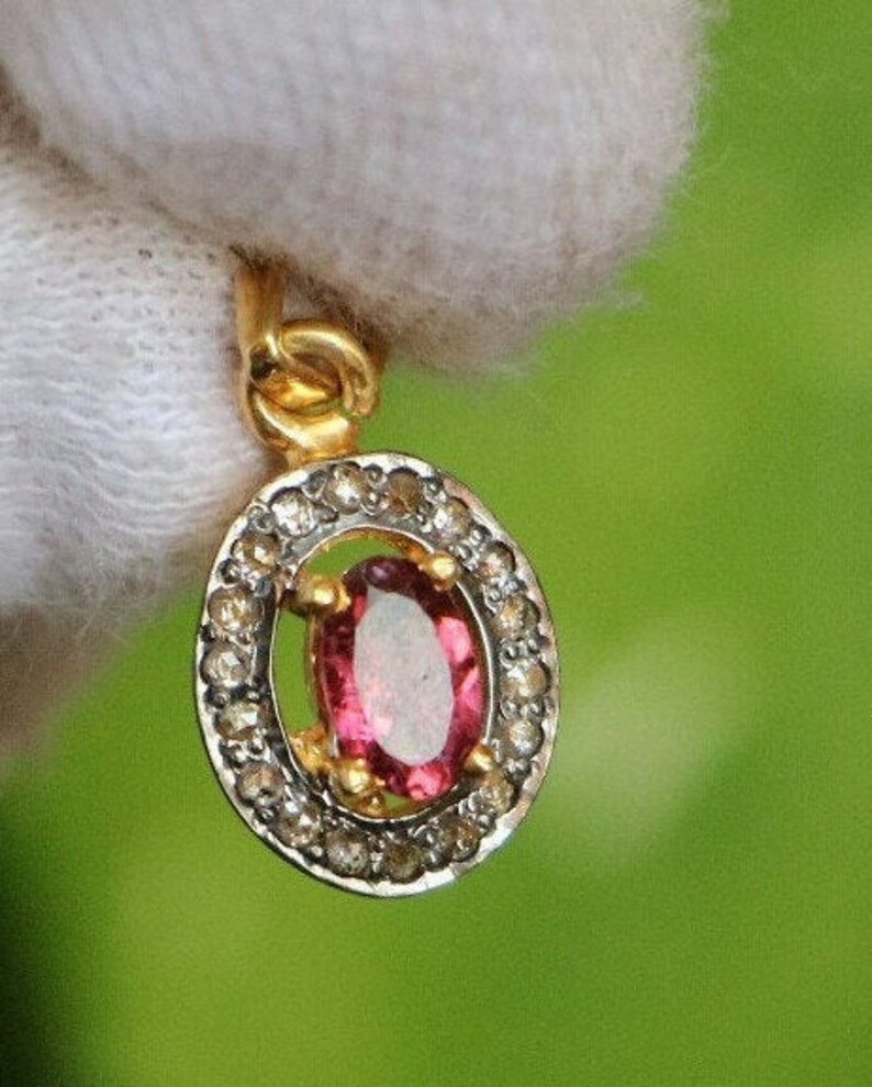 Christmas Special pendant Pink Tourmaline With Diamond Stunning PendantSterling Silver 925 Gold PlatedBeautiful Victorian Gift Pendant,
