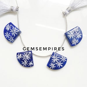 Natural Lapis Lazuli Hand Carved Colour Filled In Carving Design Fan Shape Gemstone Beads, jewellery Making Beads,Size 16x22mm, 6 Beads.