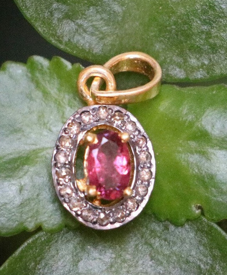 Christmas Special pendant Pink Tourmaline With Diamond Stunning PendantSterling Silver 925 Gold PlatedBeautiful Victorian Gift Pendant,