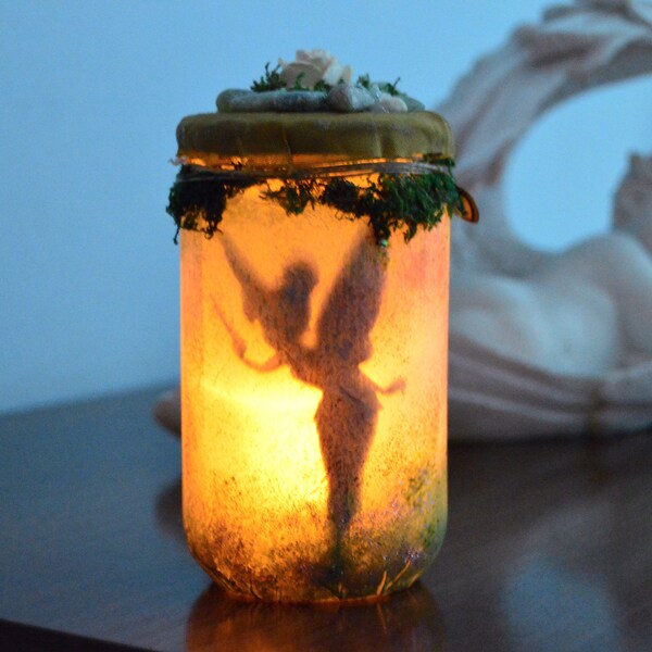 Tinker Bell candle Peter Pan. Jar shadow lamp night light Disney decor