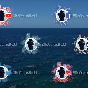 May include: A collage of six different social media icons with a person holding a camera in each. The icons are surrounded by a circle of colorful shapes. The icons are YouTube, Facebook, TikTok, Twitter, Instagram, and Pinterest. The text "@TheCreatorsBlock1" is visible in each image.