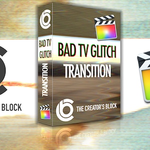 Peut inclure: Une boîte avec une texture en bois et un effet de glitch numérique. La boîte est étiquetée "Bad TV Glitch Transition" et présente un logo avec le texte "The Creator's Block".