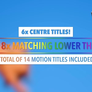 Może przedstawiać: Obraz z niebieskim tłem i tekstem: "6x CENTRE TITLES! WITH 8x MATCHING LOWER THIRDS! A TOTAL OF 14 MOTION TITLES INCLUDED!". Ikona klapsa filmowego znajduje się w prawym g&oacute;rnym rogu.