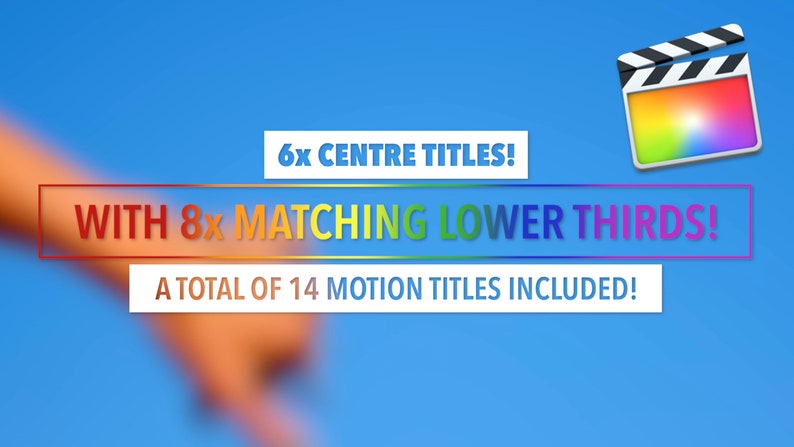 Może przedstawiać: Obraz z niebieskim tłem i tekstem: "6x CENTRE TITLES! WITH 8x MATCHING LOWER THIRDS! A TOTAL OF 14 MOTION TITLES INCLUDED!". Ikona klapsa filmowego znajduje się w prawym g&oacute;rnym rogu.