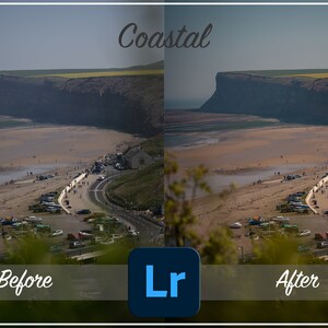 以下が含まれることがあります： 海岸の風景のビフォーアフター写真。左側の画像は、崖を背景にしたビーチを示しています。右側の画像は、同じシーンで、色が強化され、コントラストが向上しています。画像の上には「Coastal」というテキストが表示され、画像の下には「Before」と「After」というテキストが表示されています。