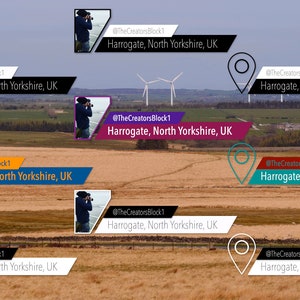 May include: A collage of eight images featuring a location pin icon and the text "@TheCreatorsBlock1 Harrogate, North Yorkshire, UK". The images are arranged in a grid pattern against a backdrop of a field with wind turbines.