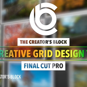 Puede incluir: Una captura de pantalla de un tutorial en vídeo para Final Cut Pro, que muestra 20 títulos de diseño de cuadrícula creativos. La imagen presenta un fondo borroso de escenas de la naturaleza y el texto "20x CREATIVE GRID DESIGN TITLES" en verde y amarillo.