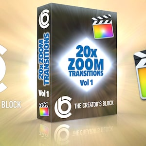 Peut inclure: Une boîte avec un design bleu et blanc comportant le texte "20x ZOOM TRANSITIONS Vol 1" et un logo représentant un cercle avec un cercle plus petit à l'intérieur. La boîte est posée sur une surface réfléchissante.