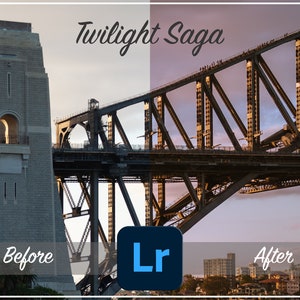May include: Before and after photo of a bridge with the text "Twilight Saga" above the image. The image on the left shows the bridge in its original state, while the image on the right shows the bridge after it has been edited using Adobe Lightroom. The text "Before" is below the left image and the text "After" is below the right image.