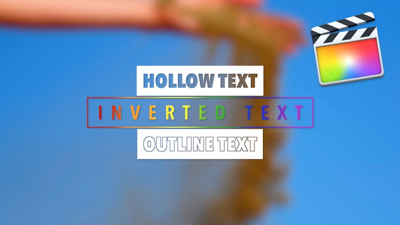 Może przedstawiać: Obraz z efektami tekstowymi: "HOLLOW TEXT", "INVERTED TEXT" w kolorach tęczy i "OUTLINE TEXT". Klaps filmowy z kolorowym gradientem znajduje się w prawym g&oacute;rnym rogu. Tło jest rozmyte niebieskie i brązowe.